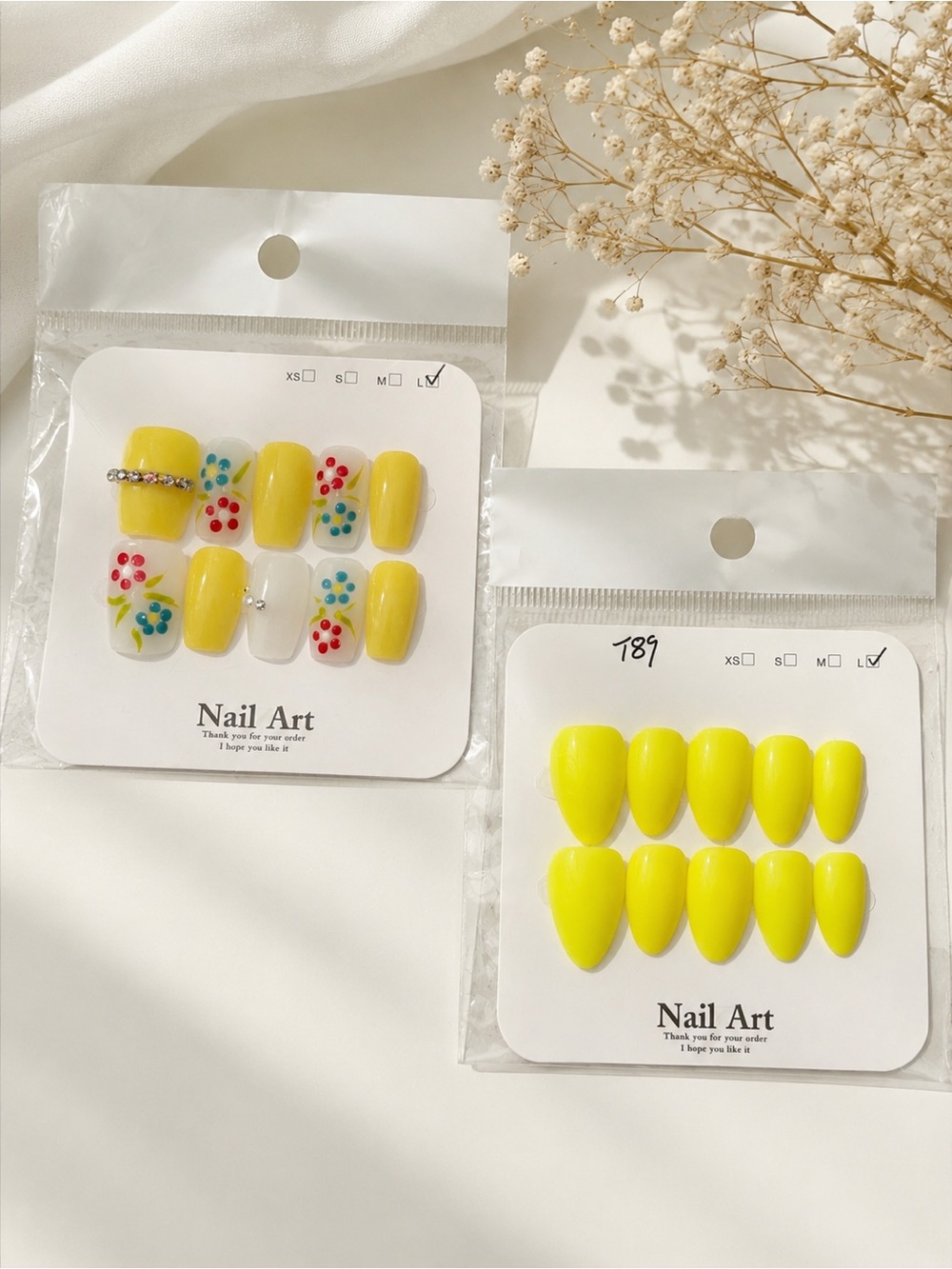 2 Handmade Press On Nails Bundle Summer Floral Neon Yellow Sets